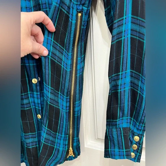 True Religion gold zippered blue plaid shirt - Picture 8 of 10